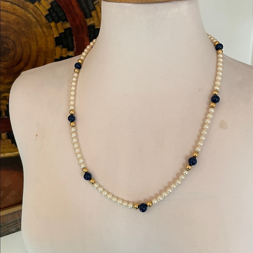 Vintage Faux Pearls Blue & Gold Beads Necklace